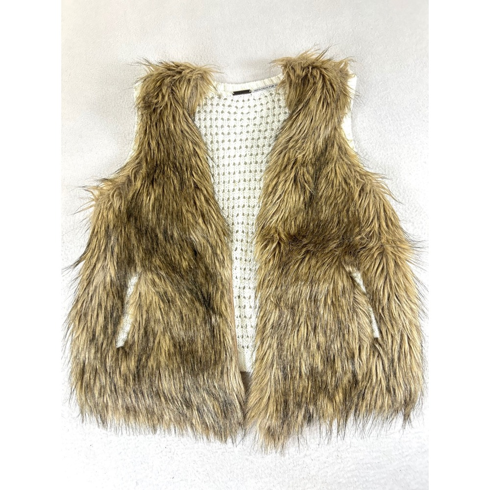 Poof Girl Faux Fur Trim Vest Kids Size 14 Brown Cream Boho Chic Layering Piece